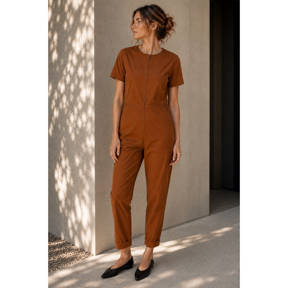 IGWT Simon Cotton Utility Jumpsuit Front Zip Cropped Tapered Rust Brown S